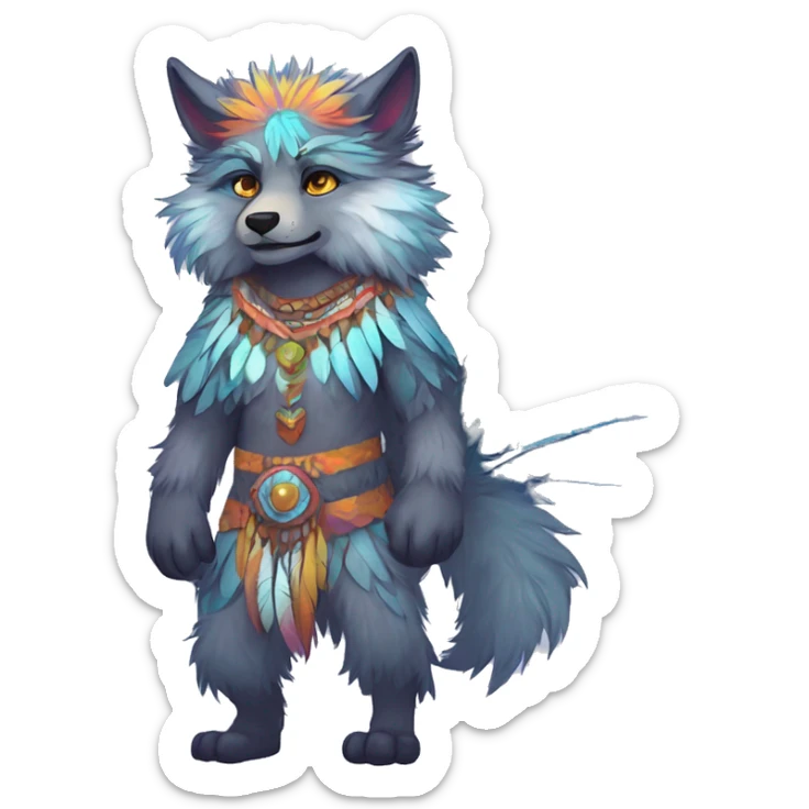 Anthro Fluffy Colorful Shy Spiritual Shamanic WereWolf-sona With Shiny Tribal Markings wearing feathers Full Body sticker