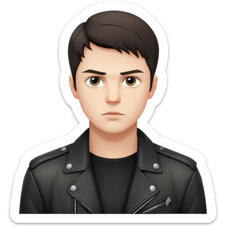 Danila Bagrov from Brother 2 movie, young Russian man with short dark hair, serious expression, wearing black leather jacket sticker