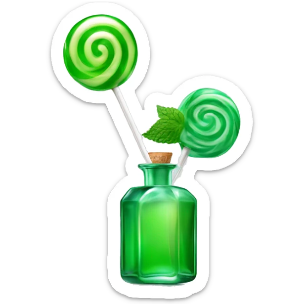 A glass bottle of perfume, like a lollipop, mint, glossy and emerald, shiny, rectangular in shape with a heart-shaped lollipop in the middle sticker