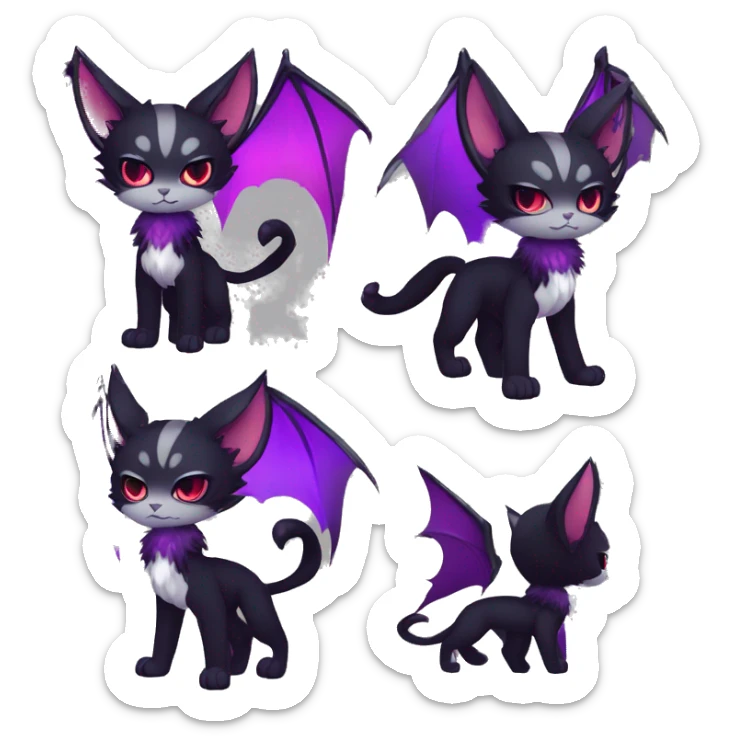 Anthro-Cute-Edgy-Cool-Vampiric-Batty-Cat-Black-Purple-Red-Grey-White-Contrast-Colors-Fantasy-Fur-Sona-Chibi-Shiny-Fakémon-Hybrid with horns full body sticker