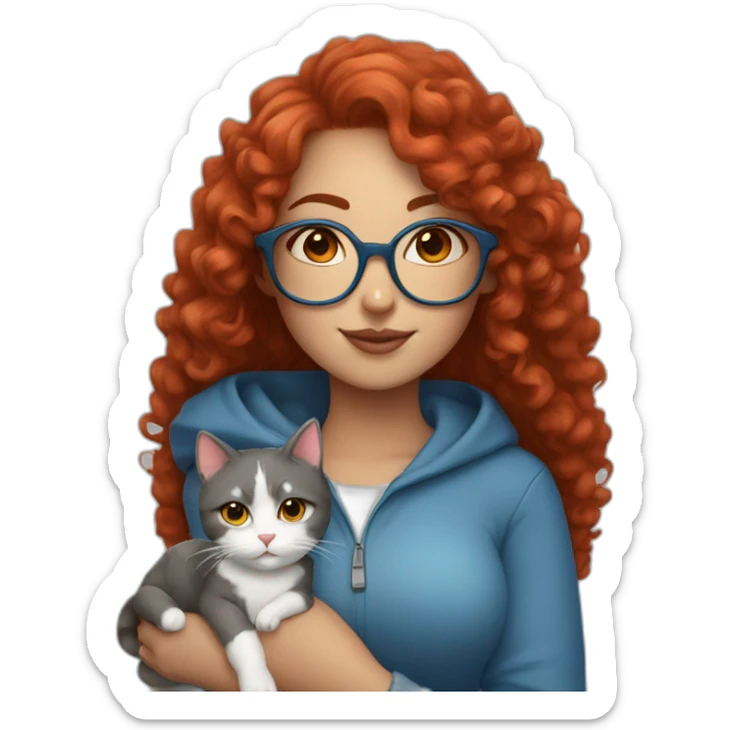 a curvy girl with red curly hair and blue glasses with a white and gray cat in her arms sticker