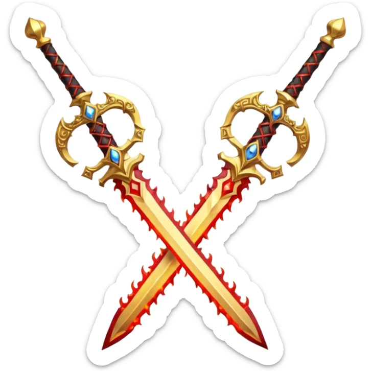 Two powerful on fire fully golden fiery royal crossed swords with red gems sticker