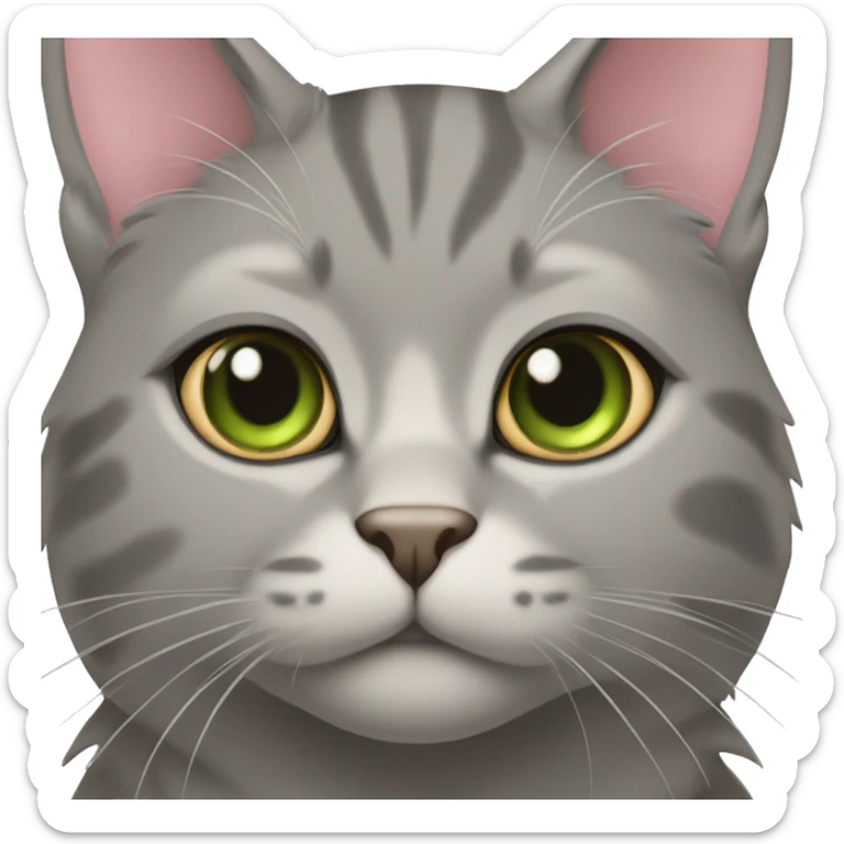 All grey and tan cat with tan spot on her forehead. Green eyes and pink nose sticker