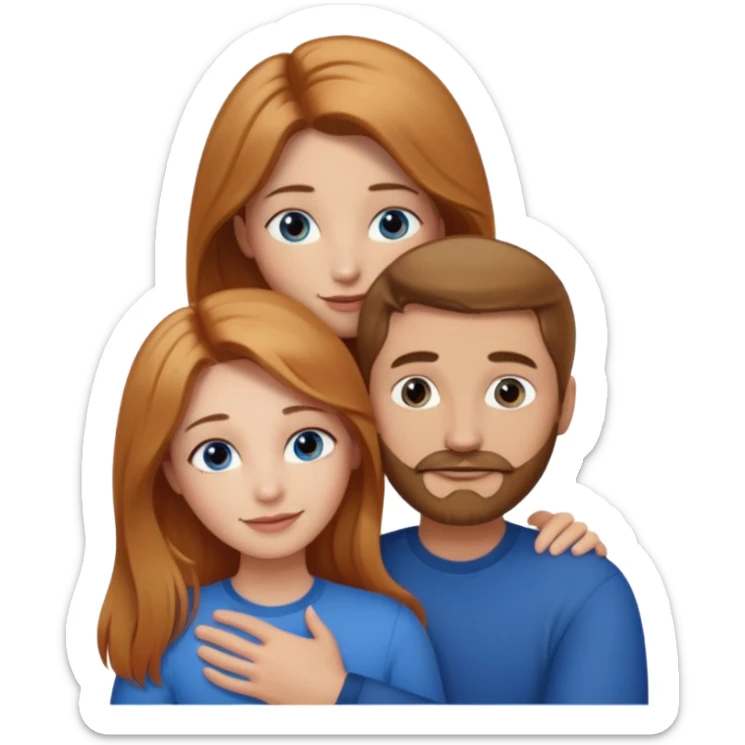 girlfriend with long dark strawberry blonde hair middle part with brown eyes giving hug to man with blue eyes, dark blonde hair and facial hair sticker