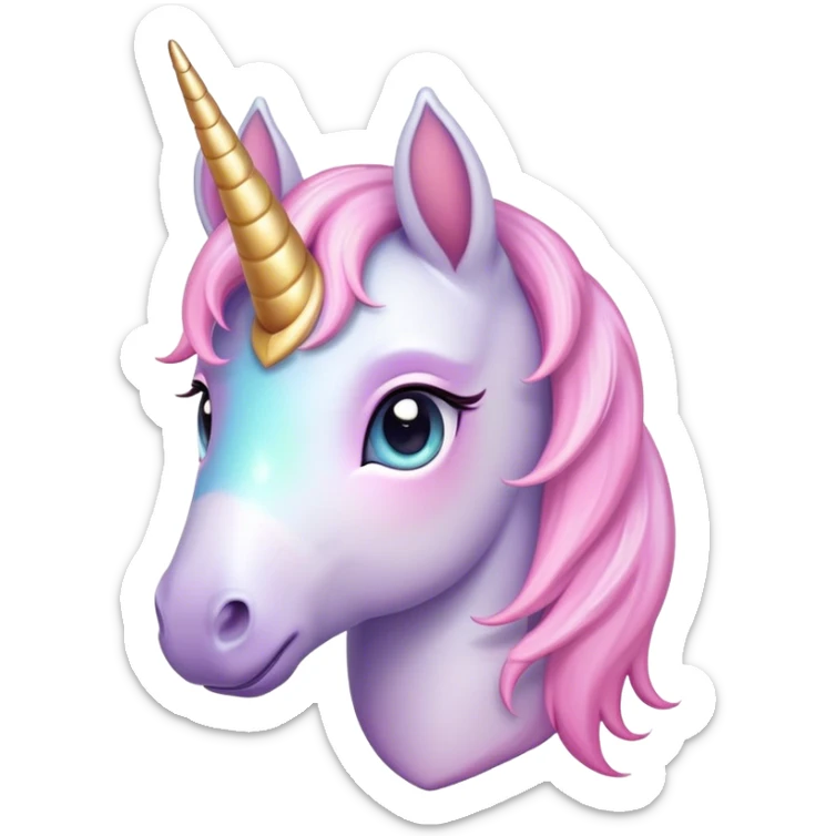 Cinematic Cute Unicorn Pony Portrait Emoji, Head tilted playfully and inquisitively, featuring a charming, diminutive form with a gentle pastel color, a delicate, sparkling horn and large, dreamy eyes full of wonder, Simplified yet irresistibly adorable features, highly detailed, glowing with a warm, magical glow, high shine, affectionate and lively, stylized with a touch of whimsical charm, soft glowing outline, capturing the essence of a mischievous yet endearing unicorn pony that seems as if it could prance out of the screen into your arms! sticker