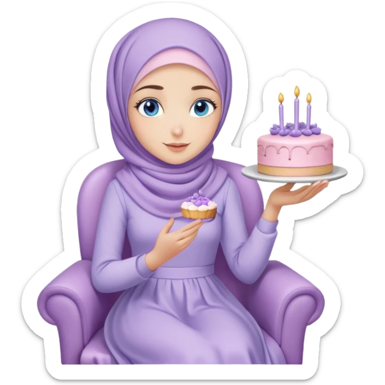 Turkish beautiful finish Konya girl blue eyes with pastel hijab long tail dress and sits on the chair and holds lavender cake with her hand  sticker