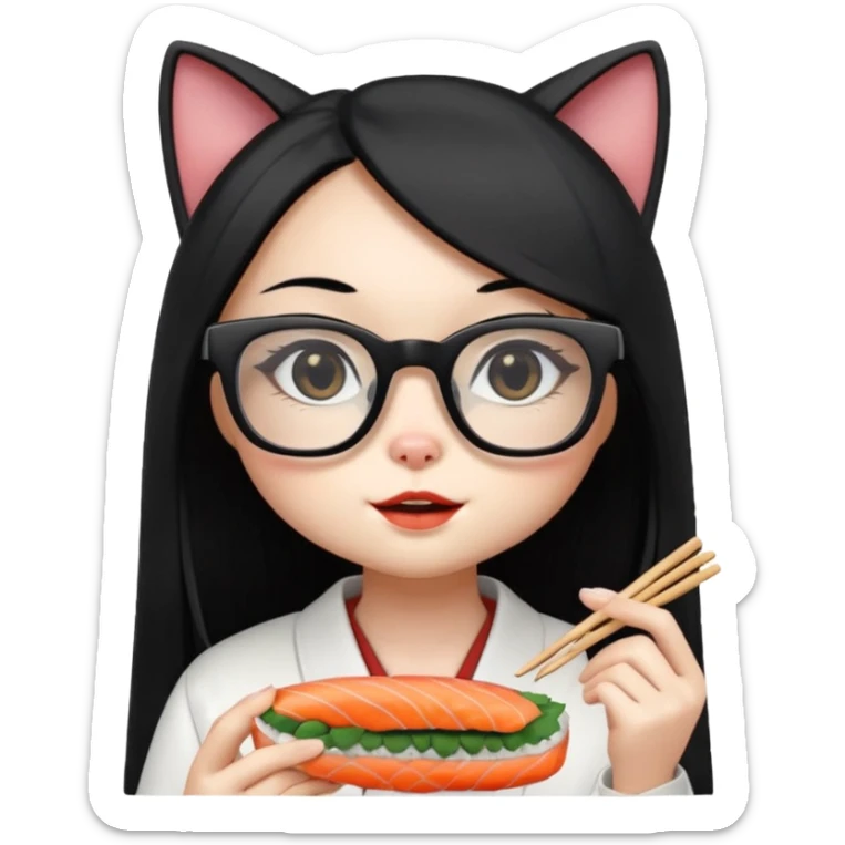 cute girl cat with long straight hair and really big square glasses with super thin frames eating sushi sticker