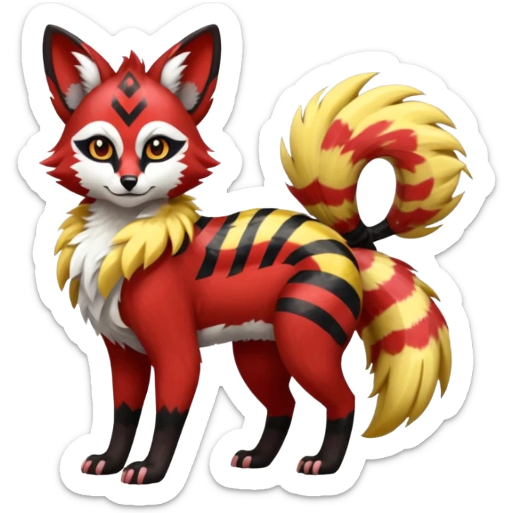 Futuristic sanguine-red banana-yellow black chevron-marked furry fluffy floofy feathery tribal marked Genet-Absol-Kyurem-Zeraora-Primagen-fusion-creature  sticker