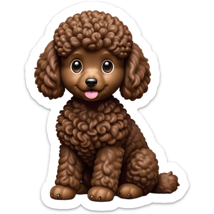 cinematic-[poodle]-realistic-full-body-sitting-emoji,-tail-resting-loosely-beside-its-paws,-head-tilted-dramatically, -curly-[chocolate]-fur,-simplified-yet-realistic-focused-features,-highly-detailed,-glowing-with-an-almost-sarcastic-glow sticker