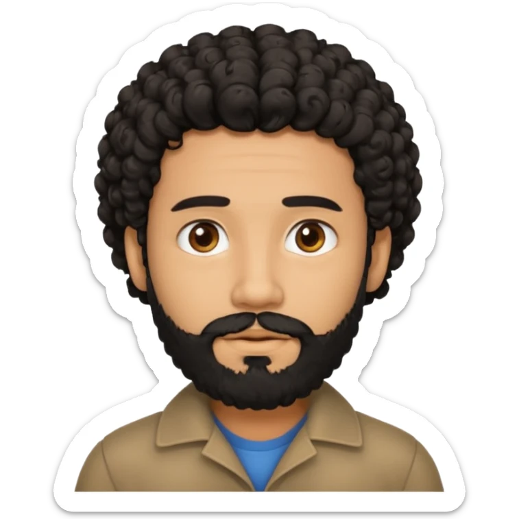 This is a cartoon-style avatar of a man with curly black hair, a beard, and a calm expression  sticker