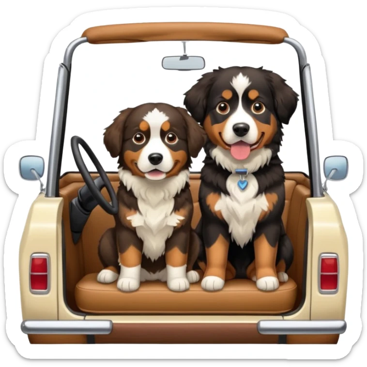 Cream colored ford bronco with no roof and Bernese mountain dog in the seat sticker