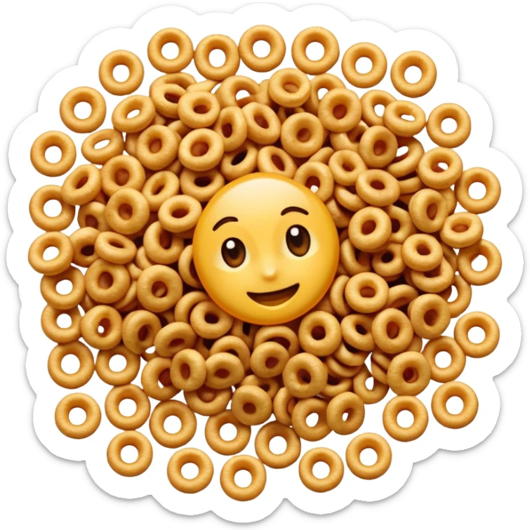 small scatter of dry breakfast cereal loops or flakes in golden brown tones, crisp and lightly textured, soft lighting, subtle shadows, emoji scale sticker