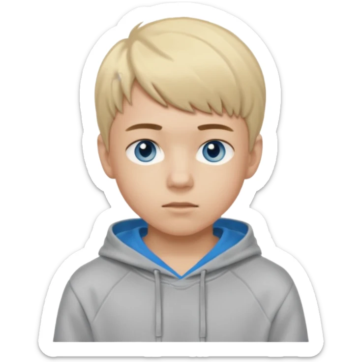 Teen boy with blue eyes and a Grey hoodie who stands up with blond short hair and short bangs sticker