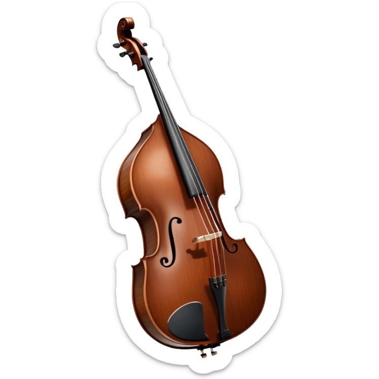 Create an elegant and detailed emoji representing a Gliga Gama double bass with bow. The design should showcase the large, sleek body of the double bass with its rich wood finish, including the characteristic curves and deep tone holes. The bow should be elegantly positioned next to the instrument, highlighting the hair and smooth wooden stick. Use warm wood tones like chestnut brown for the body of the bass, silver accents for the fittings, and dark brown for the bow. Add subtle musical notes or sound waves flowing from the bass to represent its deep, resonant sound. The background should be transparent. sticker
