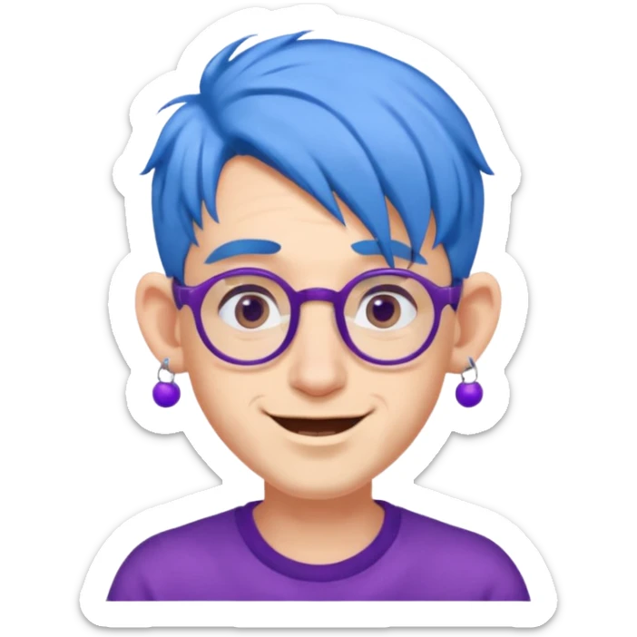 blue haired man mid length hair with big ears and purple earrings and spectaclesi happy sticker