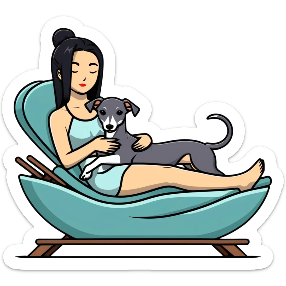 Very thin Chinese woman with long black hair relaxing on a spa lounger with exactly ONE whippet dog. EXTREME IMPORTANCE: the whippet must have a COMPLETELY GREY FACE with ABSOLUTELY NO WHITE MARKINGS anywhere on its face, muzzle, or nose. The entire dog must be ONE SOLID VERY DARK CHARCOAL GREY COLOR from nose to tail with NO WHITE or LIGHT AREAS anywhere - NO white on face, NO white on muzzle, NO white on chest, NO white on paws, NO white on tail - NOTHING BUT A SINGLE SHADE OF VERY DARK GREY throughout the entire animal sticker
