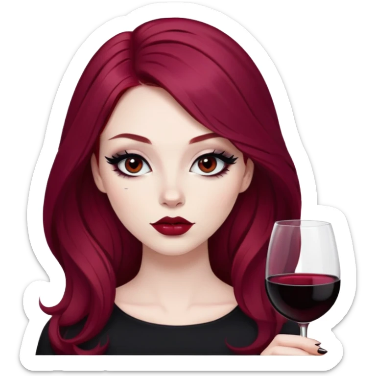 pretty baddie, wine red hair, cute lips, pale skin, long hair, dark brown eyes, bold black eyeliner sticker