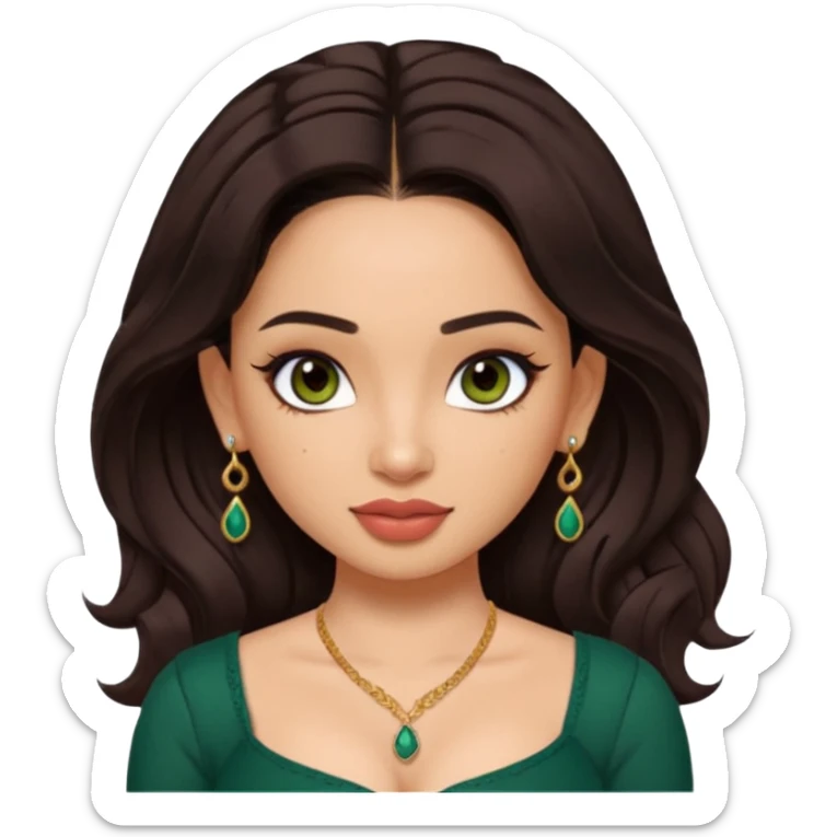 pretty bratz genmoji that looks like tamannah bhatia (bollywood actress), wearing a dark green sweetheart neckline top, dark brown hair, light makeup, no necklace, dangly earrings, side hair part, dark brown eyes, with full tattoos sticker