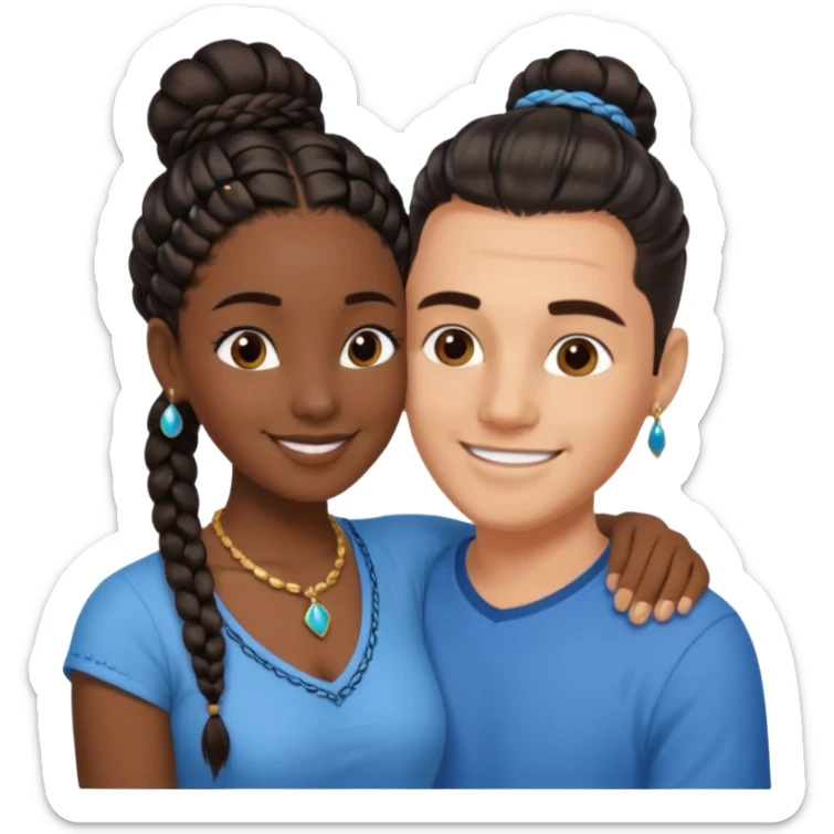 smiling embracing interracial couple from waihair in a bunn in a bunst up. dark ebony woman with long braided hair and jewelry. brazillian man short hair wearing blue. sticker