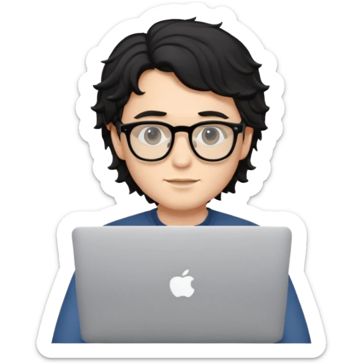 guy with wavy black hair and skin tone a little bit white and glasses, with a macbook sticker