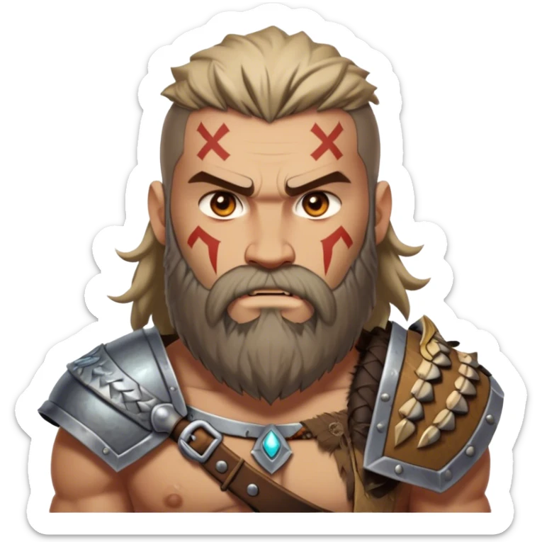 Clash of Clans aesthetic: Cinematic Rugged Barbarian Portrait Emoji, Intense and formidable with a heavily muscled physique, a rugged beard, piercing eyes and battle-worn armor adorned with tribal markings, his complexion a light tan that speaks of hard-fought battles, Simplified yet powerfully detailed features, highly detailed, glowing with a deep, primal energy, high shine, gritty and uncompromising, stylized with an air of raw, untamed power, focused and determined, soft glowing outline, capturing the essence of a barbarian warrior carved by countless battles and poised to lead his clan into epic conflict! sticker