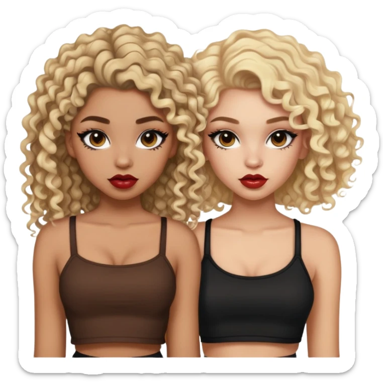 Two teenage girls together, one white with blonde hair and one brown-skinned with curly dark hair, both with heavy makeup, big lips, crop tops and choni style clothing sticker