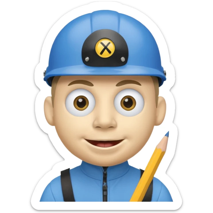 A round head puppet with 2 buck teeth a blue bike helmet and a round nose with a pencil in it also he has a unibrow and blue eyes and a yellow shirt that says jeffy sticker