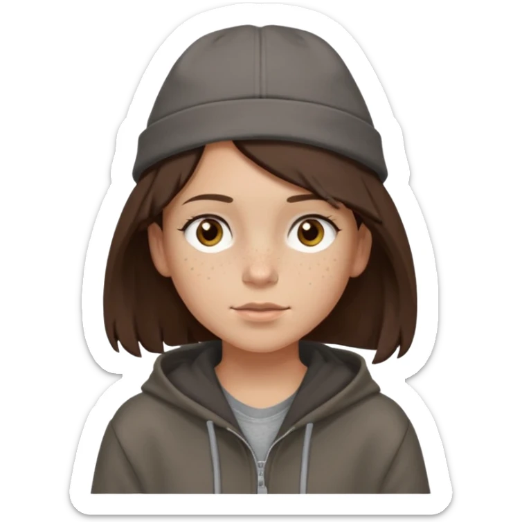 Hobo tomboy with light skin, freckles, shoulder-length center-parted dark brown hair. brown eyes, dark dull brown hoodie, grey shirt. Flat crown bolero hat sticker