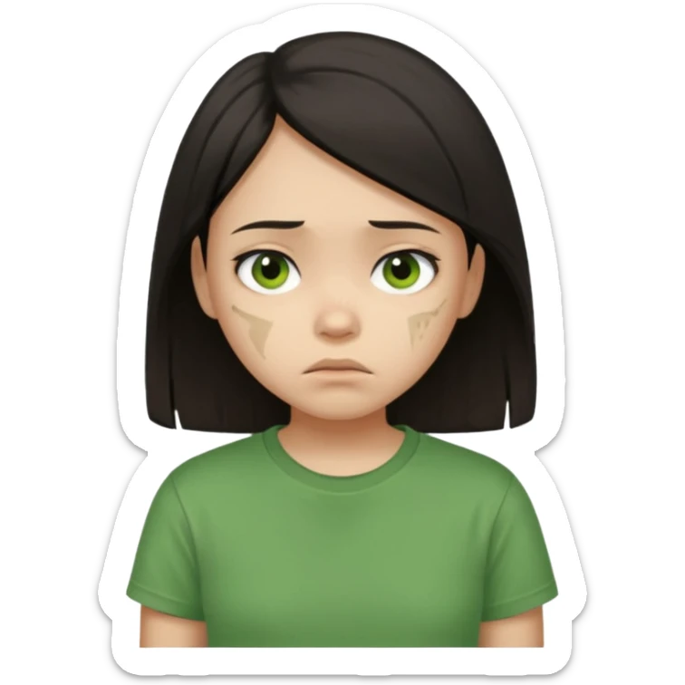 Young girl with straight, dark hair, damaged and unattractive, wearing a green T-shirt, looking sad sticker