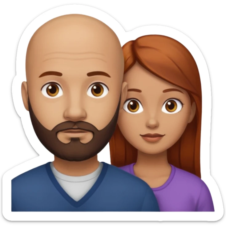 Couple. A bald man with dark brown beard and a girl with light skin. She is a redhead and has dark yellow brown auburn hair. Different skincolor. She has very light skin. sticker
