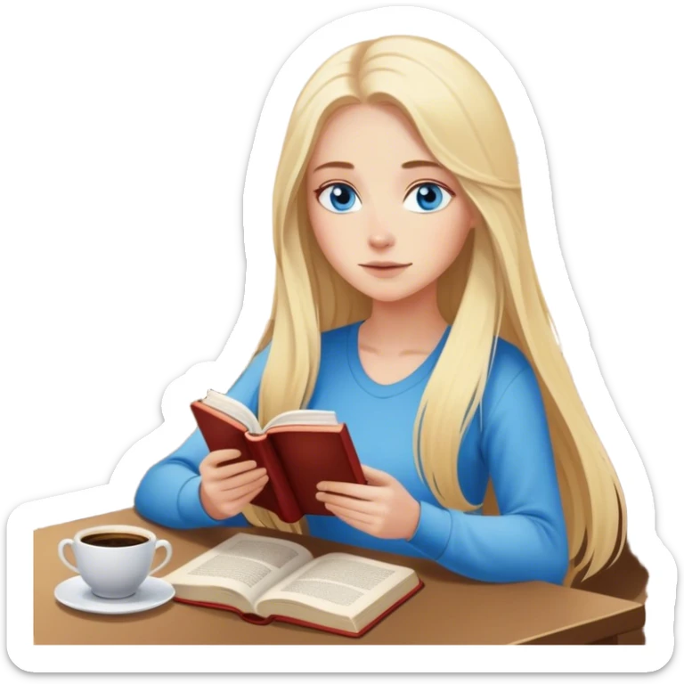 Cinematic realistic blonde with long hair and blue eyes, sitting reading a book, coffee is on the table next to her sticker