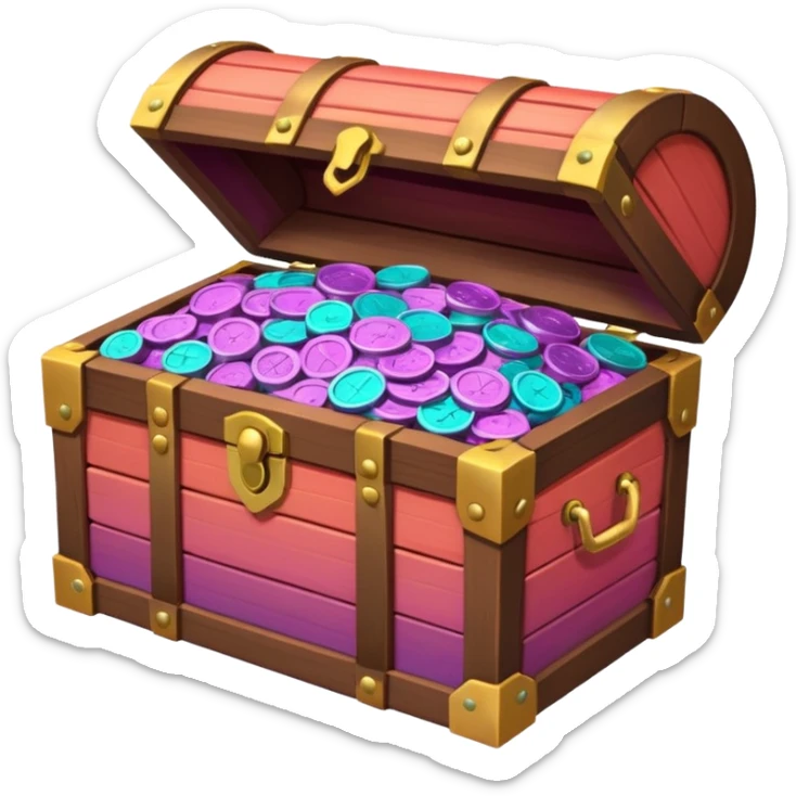wooden brown treasure chest filled with  coins 
Change coins color in in gradient of turquoise, blue, pink, purple, and coral sticker
