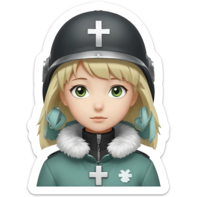 a cute anime girl with short blonde hair and soft bangs, large light blue eyes, and a gentle, calm expression. She is wearing a dark gray helmet with a small cross symbol on the front and a green coat with a fluffy white fur collar. Minimalistic, soft, and innocent character design. sticker