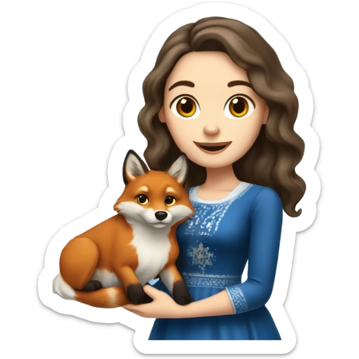 White girl in a dress for Hanukkah with long wavier dark brown hair holding latkes with her red fox looking dog  sticker