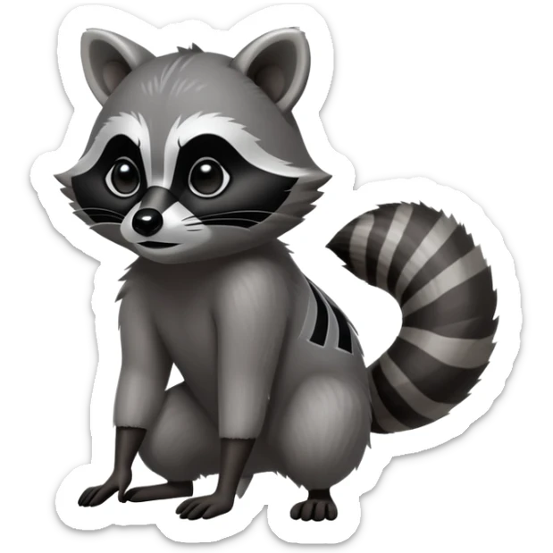 Cinematic-Raccoon-Realistic-Full-Body-Standingon all fours-Emoji – Tail flicking lazily, head tilted dramatically, thick grey fur with a signature black mask, sharp and alert ears, simplified yet realistic focused features, highly detailed, glowing with an almost sarcastic glow. sticker