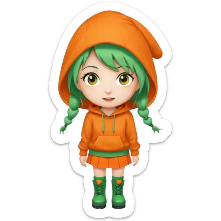 cute green-haired girl with orange eyes, wearing an orange hoodie, green skirt, orange knee socks, and green boots, with a small carrot accessory on her head, big expressive eyes, simple emoji face, round head, clean vector style sticker