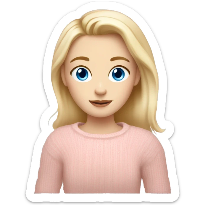 Pretty blue eyed white girl with blond hair with light pink sweater reading cozy sticker
