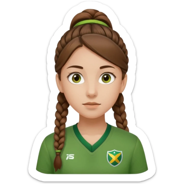 Kahverengi at kuyruklu ışıltılı bir örgülü kahverengi gözlü yeşil formalı içine yeşil atletli çekik gözlü bir kız sticker