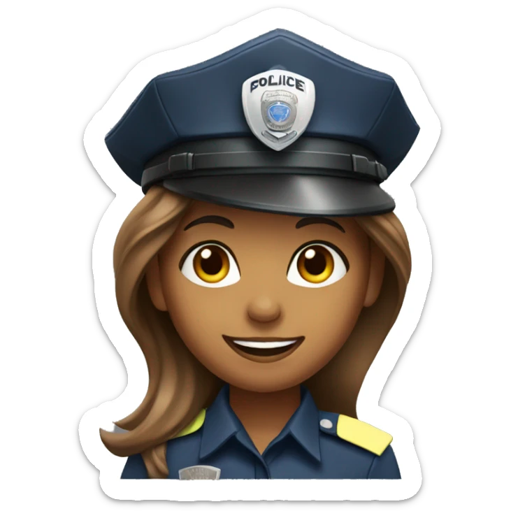 A police woman, brown skin., long hair, happy, with police hat sticker