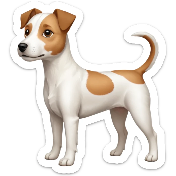 a full body white parson russell looking dog the size of a kelpie with light brown ears and a light brown patch on one eye and a large snout sticker