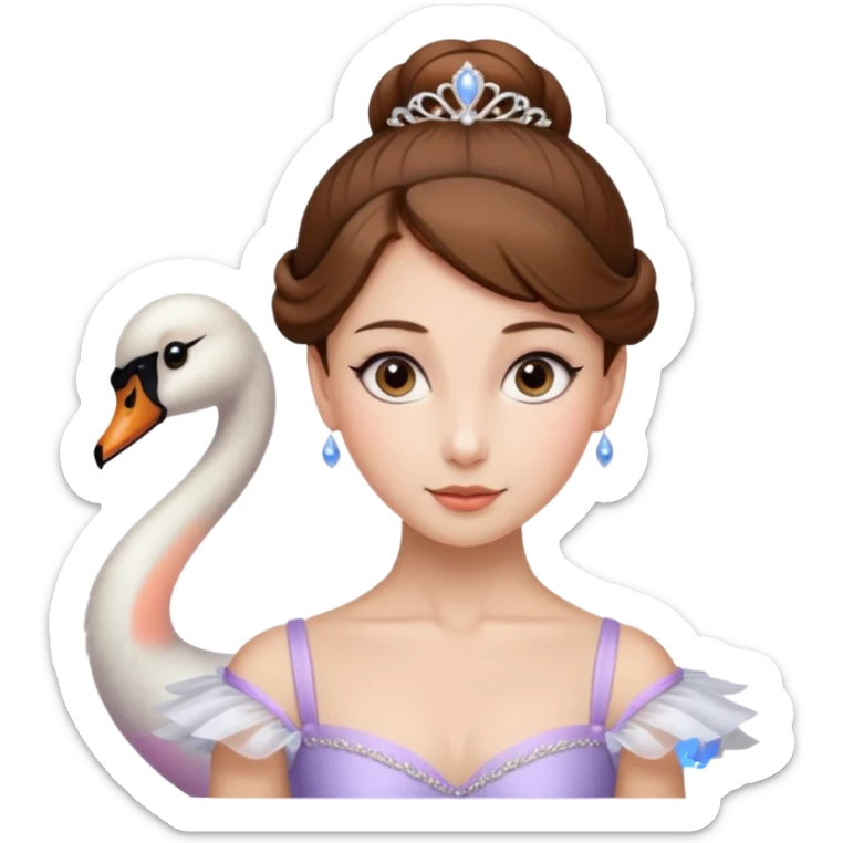Beautiful lady with fair skin, brown hair, and large hazel eyes. She is wearing a low ballet bun and wearing the ballet costume of The Swan Queen sticker