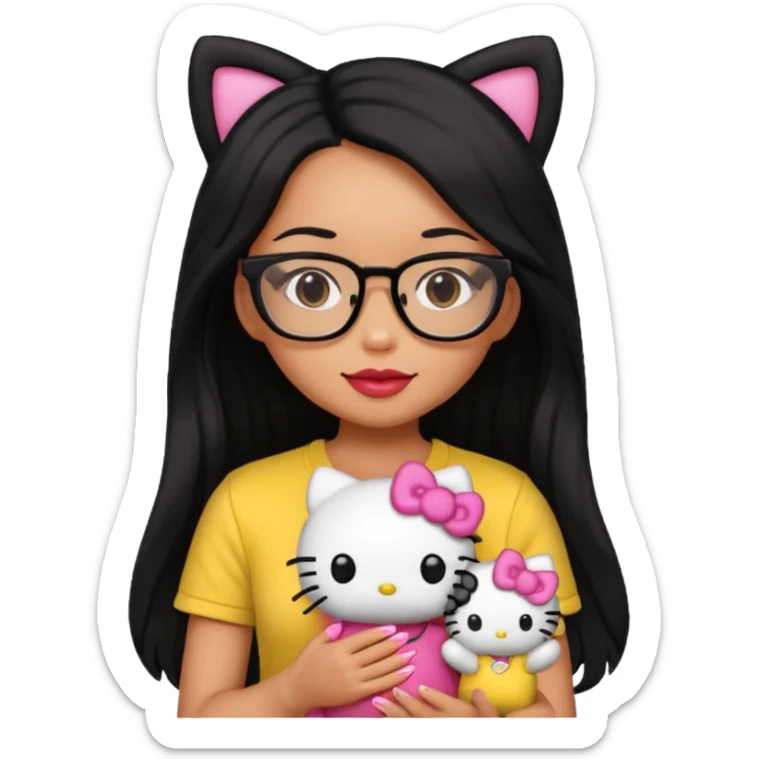 Nails cute with hello kitty wear glasses black long  hair, woman wear yellow shirt , red nails , big hello kitty doll sticker