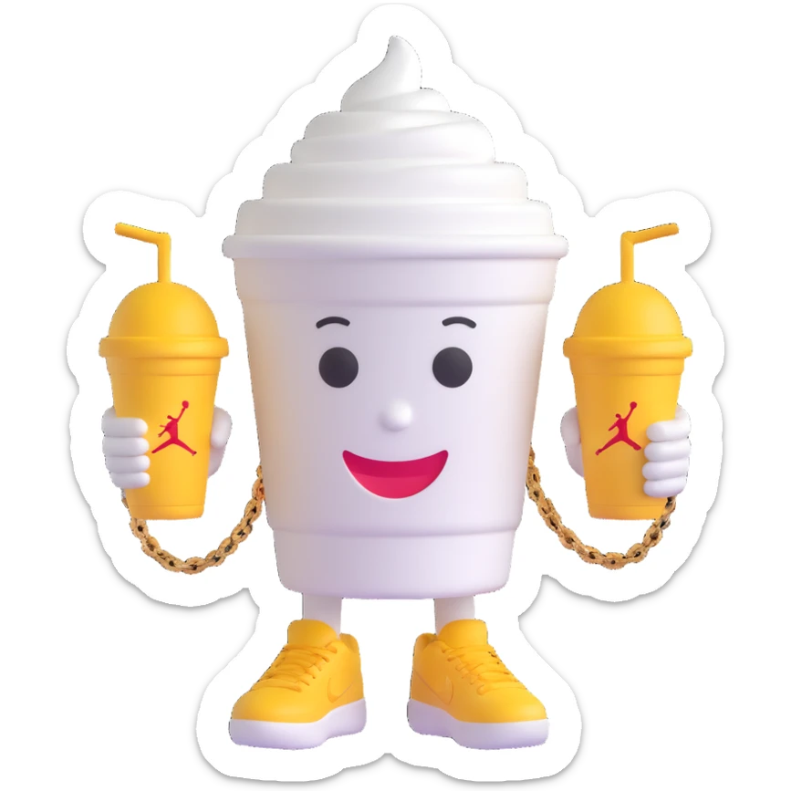 3D cartoon character of a Styrofoam cup of lean (purple drank), with a friendly face, arms, a gold chain, and Jordan sneakers, simple style sticker