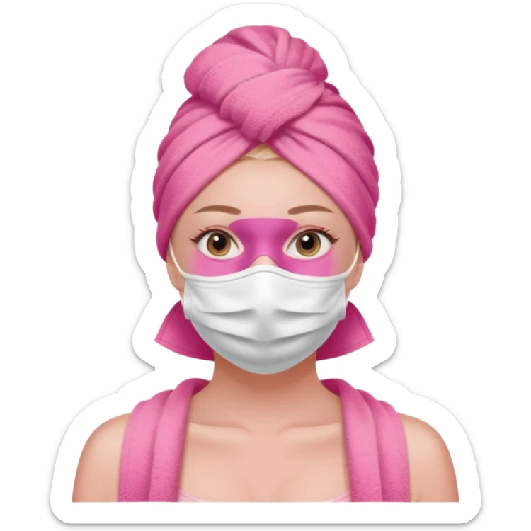 Clean girl influencer character, chest-up portrait, pink head towel, half-face facial mask, minimal self-care look, clean modern illustration sticker