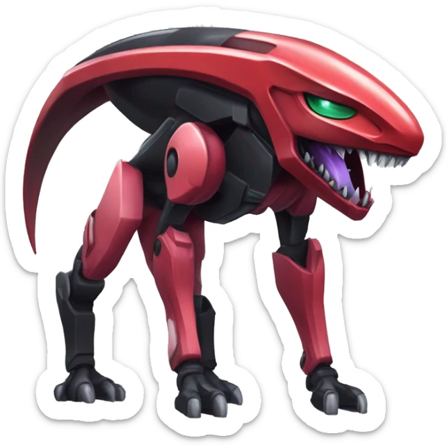 a shiny black-red Genesect-Raptor-Fakémon—hybrid with a futuristic visor-helmet full body sticker