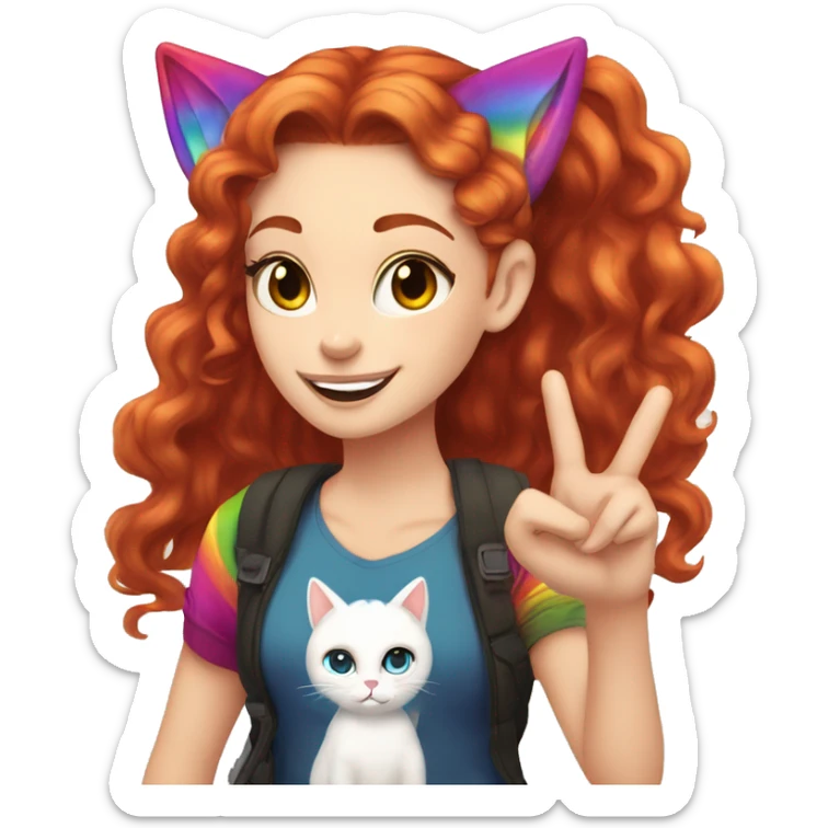a white girl with long red curly hair in a pony tail with rainbow shirt does peace sign wearing cat ears one black other white sticker