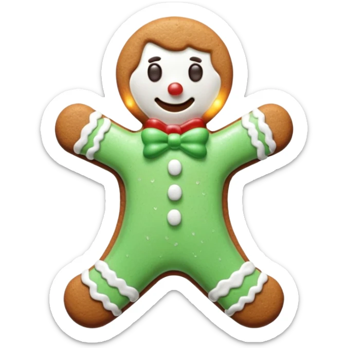 3D render of Gingerbread Man, made entirely of dessert materials, glistening sugar crystal texture, baked brown cookie texture with white icing details, delicious confectionery aesthetic, Apple emoji style, isolated on white background --v 6.0. sticker