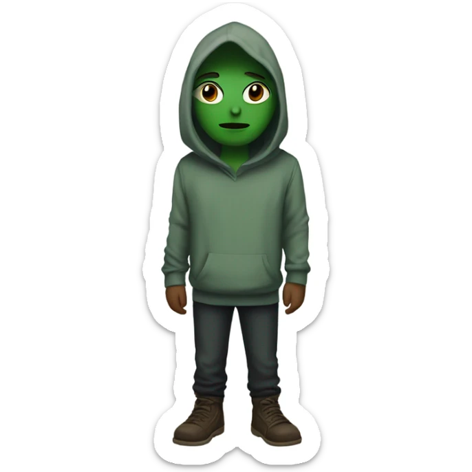 Hooded alian with green skin holding hands with a other person sticker