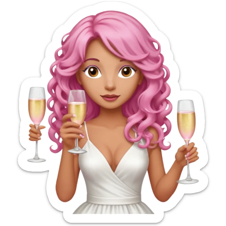 One lady with long pink curled hair and tan skin holding a glass of  pink champagne in each hand sticker
