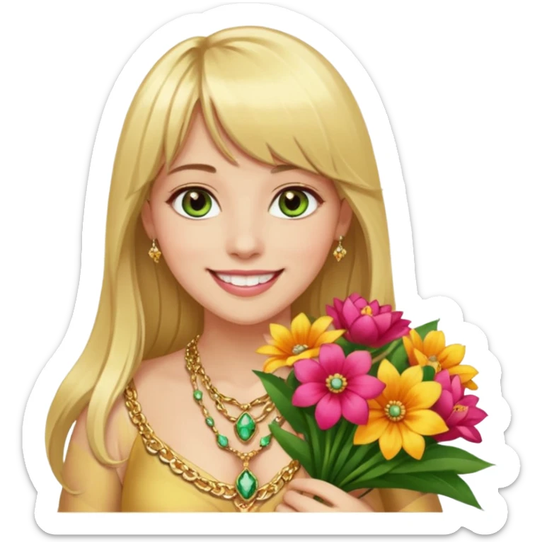 Long blonde haired with bangs, and big boobs smiling woman with hazel geen eyes, wearing gold gemstone chains,  holding a big bouquet of beautiful bright flowers  sticker